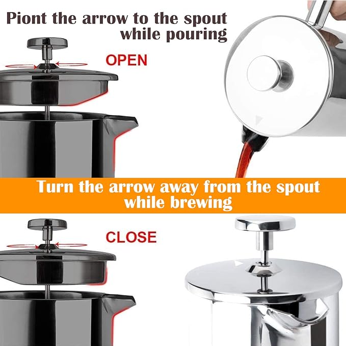 French Press Coffee Maker, Double Insulated 304 Stainless Steel Coffee Tea Maker 4 Level Filtration System, No Coffee Grounds, Rust-Free, Dishwasher Safe, 1000ml