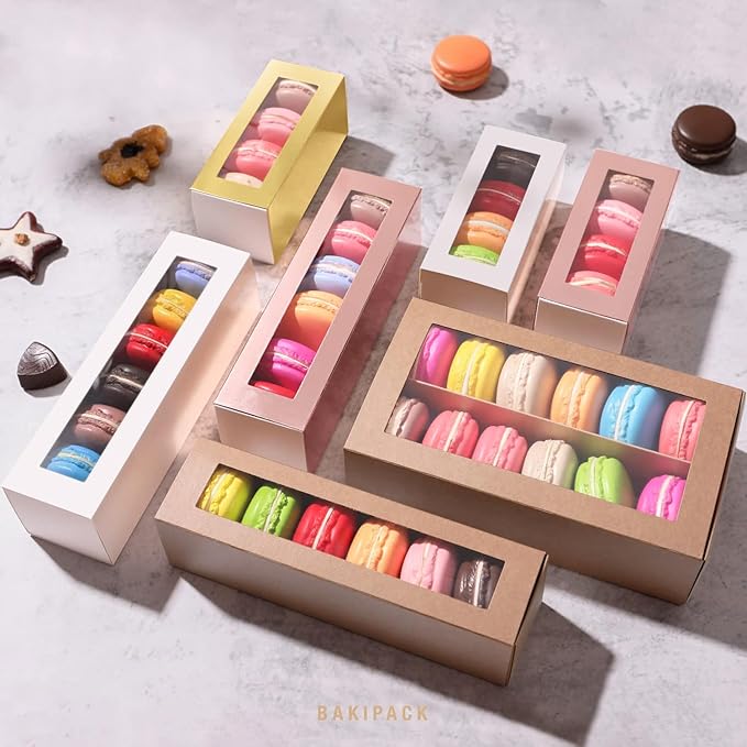 25 Macaron Boxes for 6 Macarons Gold Macaron Boxes with Interior Measurement 7.3" x 1.9" x 1.9" Macarons Gift Boxes with Clear Window (without Macaron inside)