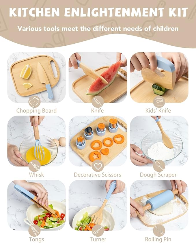 Wooden Kids Cooking Set Montessori Kit - Real Toddler Kitchen Tools & Baking Utensils - 15PCS Cooking Kit for Kids with Storage Bag, Great Gift for Pretend Play & Montessori Learning (Blue)