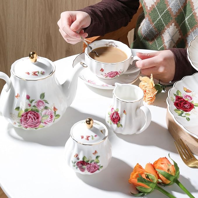 Porcelain Tea Sets British Royal Series, 8 OZ Cups & Saucer Service for 6, with Teapot Sugar Bowl Cream Pitcher Teaspoons and Tea Strainer, Suitable for High Tea, Wedding, Party (Midsummer Rose)