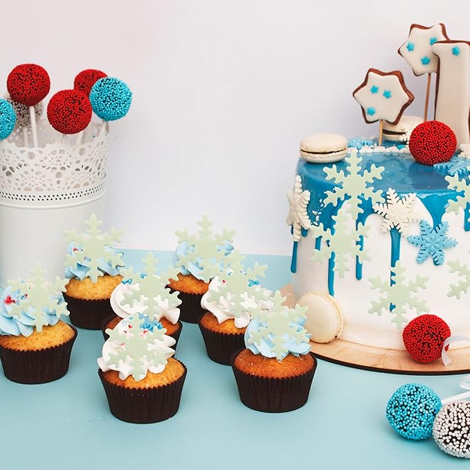 Gyufise 50Pcs White Edible Cupcake Toppers Snowflakes Cake Decoration for Christmas Winter Frozen Birthday Party Supplies