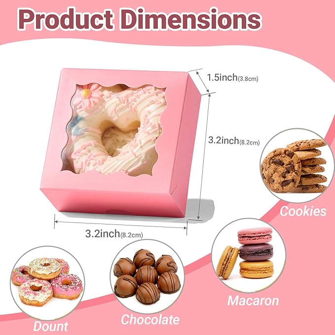 3.2x3.2x1.5 Inches 50PCS Mini Bakery Boxes with Window for Cookies, Soap, Chocolate Truffle, Donut, Macaron(Pink)