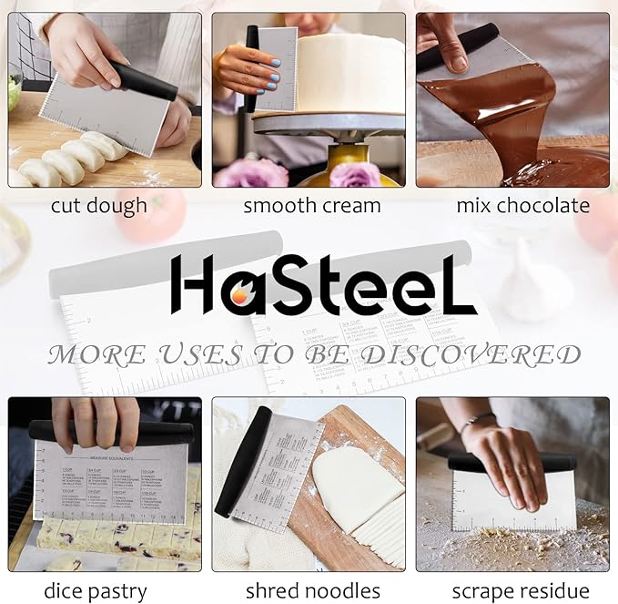 Metal Griddle Scraper Chopper, HaSteeL Stainless Steel Dough Bench Scraper Pastry Cutter with Measuring Marks, Multi-purpose Kitchen Tool for Flat Top Grilling/Baking/Cooking, Dishwasher Safe (2-Pack)