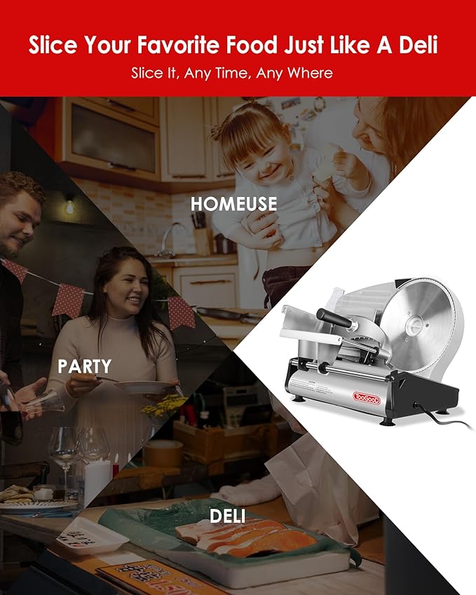 TOOGOOD 8.7" Meat Slicer, Electric Meat Slicer Machine with Removable Stainless Steel Blade, Deli Food Slicer for Home Use, Slicing Frozen Meat,Hard Cheese, Ham and Deli, Silver