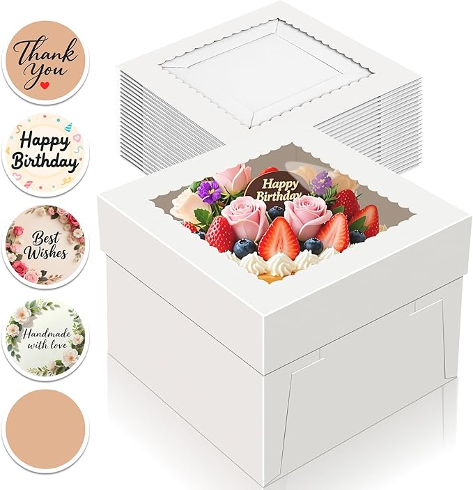 15 PCS Cake Boxes 10 Inch, 10x10x8 Tall Cake Box, 10 Inch Cake Box with Window, White Bakery Boxes, Large Baking Boxes, Cajas Para Pasteles, 10x10 Cake Boxes for Birthday, Wedding, Party, Business