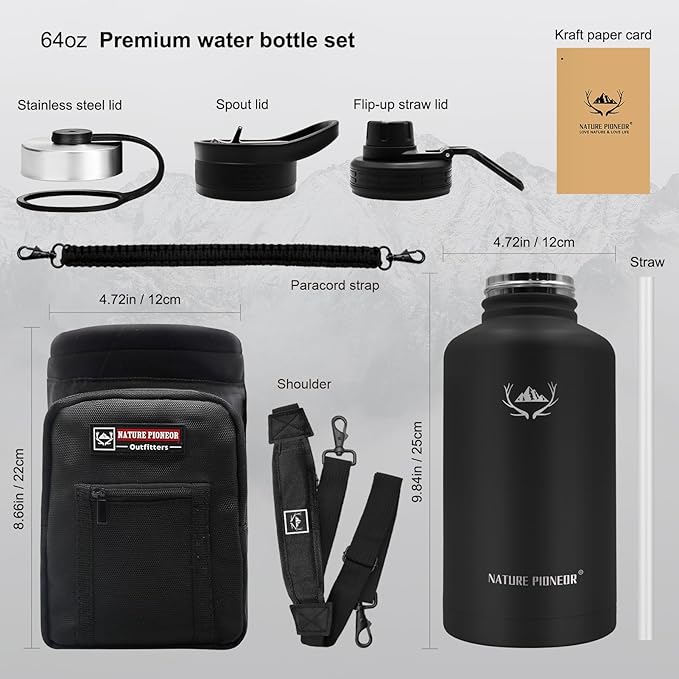 NATURE PIONEOR Insulated Water Bottles with Straw - 64oz Stainless Steel Vacuum Bottle with Holder/Carrier/Sleeve - Reusable 18/8 Food Grade Half Gallon Water Jug