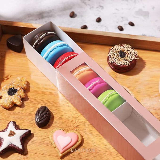 25 Rose Gold Macaron Boxes with Clear Window, Elegant Style, Holds 6 Macarons, 7.4" x 2" x 2"