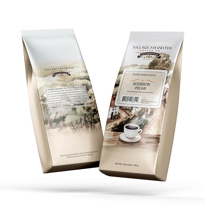 Village Favorites Flavored Coffee – Low Acid, Mold-Free, 100% Arabica, Slow Roasted Medium Roast, Smooth & Stomach Friendly, Ground, 1LB Bag (16oz)- Kosher (16oz, Bourbon Pecan)