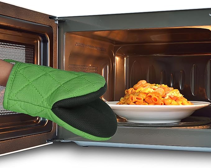 1 Pair Short Oven Mitts, Heat Resistant Silicone Kitchen Mini Oven Mitts for 500 Degrees, Non-Slip Grip Surfaces and Hanging Loop Gloves, Baking Grilling Barbecue Microwave Machine Washable