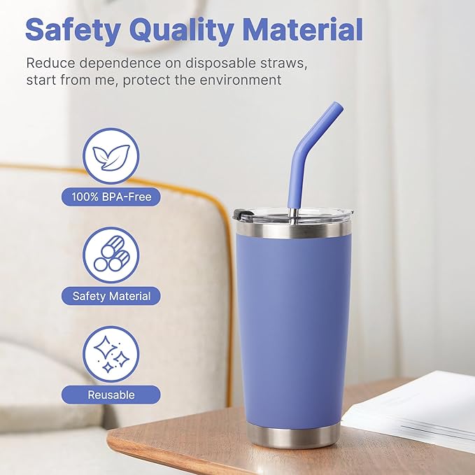 8.5" Metal Straws Reusable for 20 oz Tumbler, 5 Pcs Stainless Steel Drinking Straws for Yeti/RTIC/CIVAGO 20 oz Tumblers, 1 Portable Bag