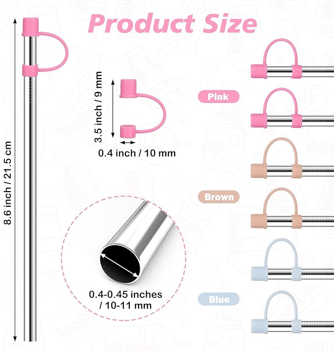 Stainless Steel Straws with covers fit Stanley 14oz & 20oz tumbler, Reusable 8.6 Inch Straw with Silicone Tips & Cover Caps, Compatible with Stanley Quencher H2.0 (6 Pack: 3 Bent + 3 Straight)