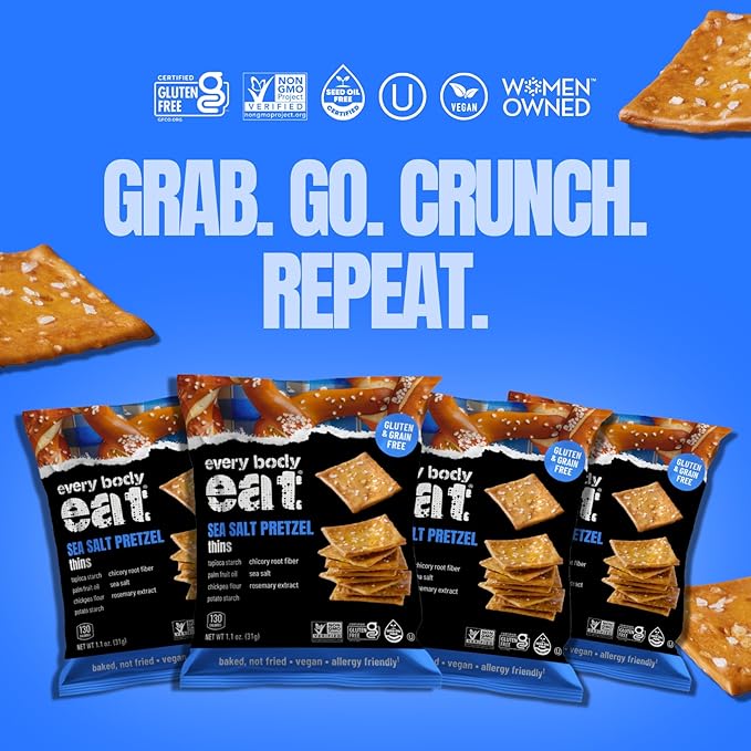 Every Body Eat Snack Thins, Gluten & Grain Free, Vegan, School Safe Lunch Snacks, Pretzel (20 Single Serve Bags, 1oz)