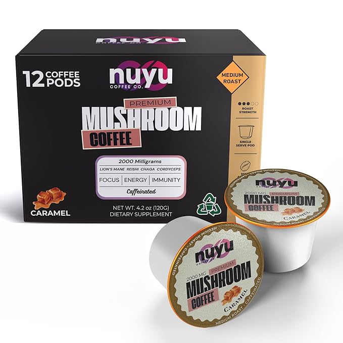 Nuyu Mushroom Coffee Pods, Caramel, K-Cups, 100% Medium Roast Arabica Coffee with Lion's Mane, Reishi, Chaga, Cordyceps, 2000mg per Pod (12, Caramel)