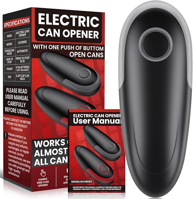One Touch Electric Can Opener Fits All Can Sizes, Electric Can Openers for Kitchen Food Safe with Smooth Edge, Kitchen Gadgets Automatic Can Opener for Seniors, Arthritis and Chef（Black)