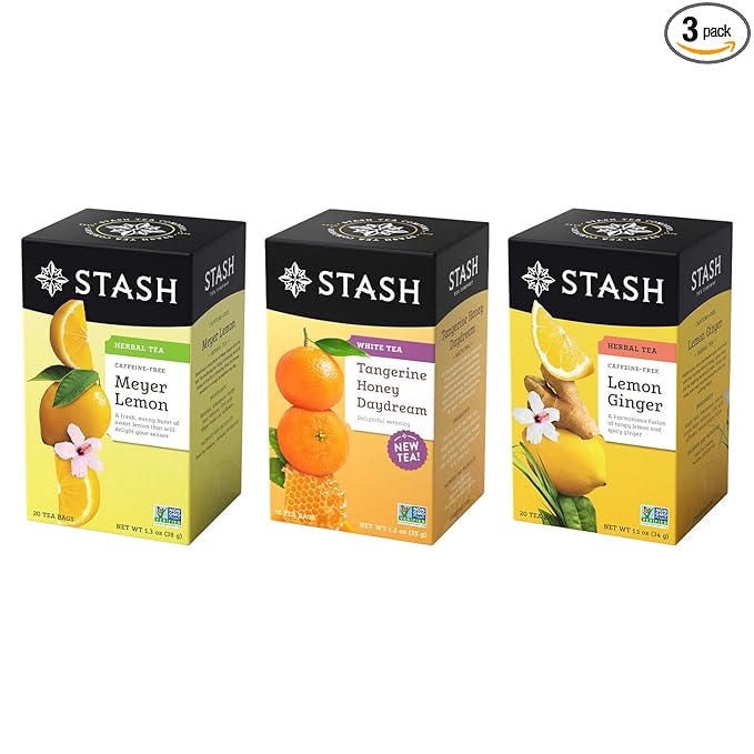Stash Tea Bright Citrus Tea Sampler - Assortment of Caffeinated and Decaf Teas, Including Lemon Ginger, Meyer Lemon and Honey Tangerine Tea, 18-20 Count (Pack of 3)