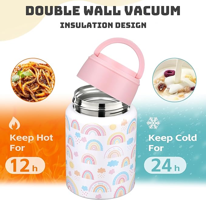 Soup Thermo for Hot Food Kids 16oz Insulated Food Jar Leakproof Thermo Lunch Container for Kids Wide-Mouth Stainless Steel Lunch Box for School with Handle Folding Spoon(3+)