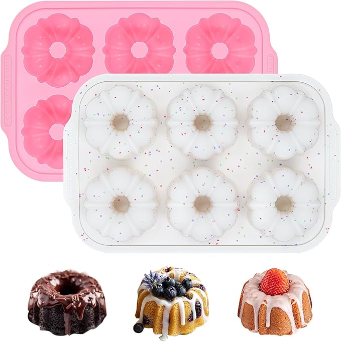 Mini Bundt Cake Pans for Baking, 2Pcs Silicone 6-Cavity Fluted Tube Cake Pan with Metal Reinforced Frame, Nonstick Baking Molds for Cupcake, Brownie, Donuts, Cornbread, Jello