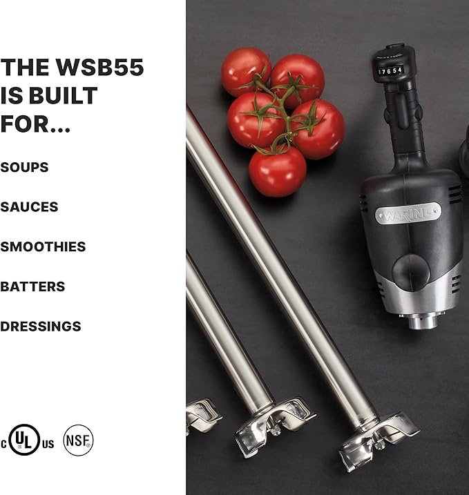 Waring Commercial Big Stix Heavy Duty Stick Immersion Hand Held Blender, 14" Removable Shaft, 1 HP, 750 Watt, Variable Speed Motor, Professional Restaurant Grade, 15 Gal Capacity, 120V, 5-15P WSB55, Black/Silver