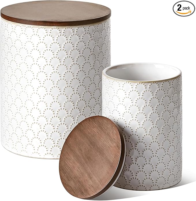 LE TAUCI Food Storage Containers with Airtight Lids, 78/25 oz Ceramic Sugar Canisters Sets, Embossed Large Jars for Pasta, Oats, Coffee Bean, Cookies, Rice, Grains, Tea - Set of 2, Fireworks
