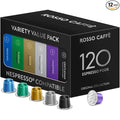 ROSSO CAFFÈ 120 Espresso Coffee Pods for Nespresso Original Machines, Premium Capsules, Variety Value Pack 6 Flavors, Rich Breakfast to Intense Roasts