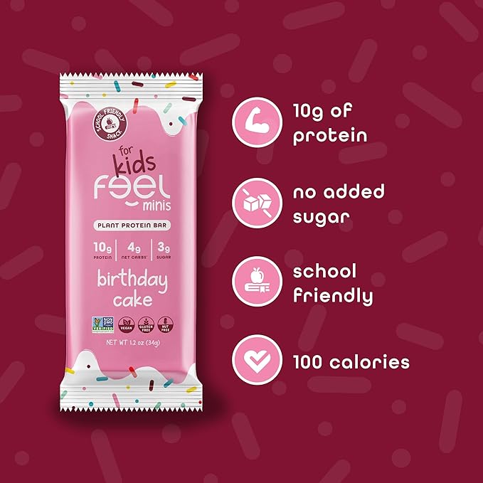 Feel Bar Minis – Kids Protein Bars | Birthday Cake | 10g Plant Protein | 100 Calories | No Added Sugar | + Daily Veggies | Gluten Free, No Nuts, No Soy, No Dairy, No Grains (12 Pack)