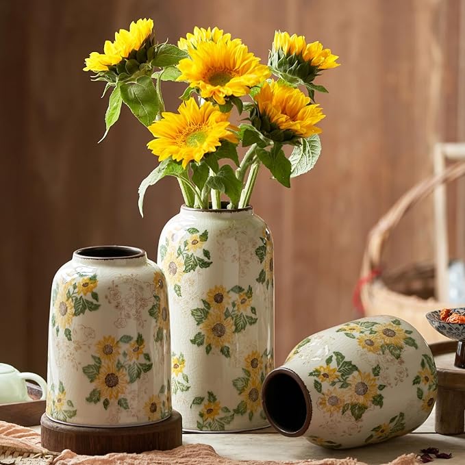 Vintage Ceramic Vase, 7.9 Inch Chinoiserie Sunflower Yellow Floral Vases, Retro Ice Cracked Rustic Antique Flower Vases for Modern Coffee Table Home Decor (Medium Cylinder)