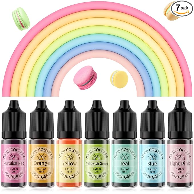 Food Coloring for Cake Decorating Macaron Edible Food Dye for Baking Royal Icing Cookie Supplies Gluten Free 7x12ml Food Grade Liquid Food Color Kits, 0.4 Fl. Oz/Bottles