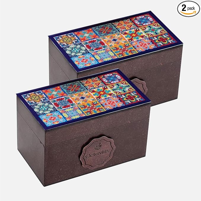 Octavius Assorted Tea Gift Set | 6 Assorted Black & Green Teas | 30 Teabags | Wooden Tea Sampler Pack w/Tile Motif Design | Pack of 2 | Mothers Day Tea Gift Box