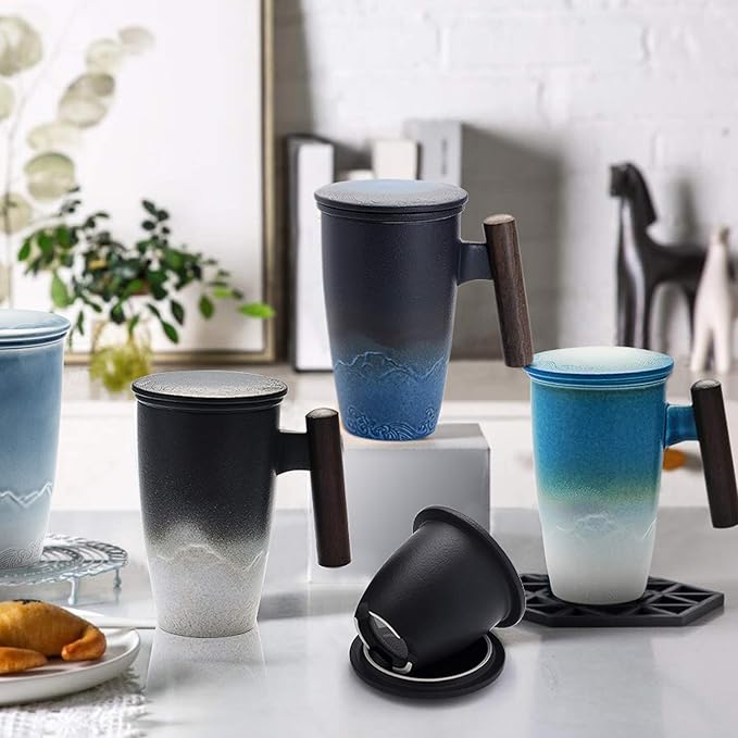 suyika Tomotime Ceramic Tea Cup with Infuser and Lid Tea Mugs Wooden Handle 400ml/13.5oz Black cyan