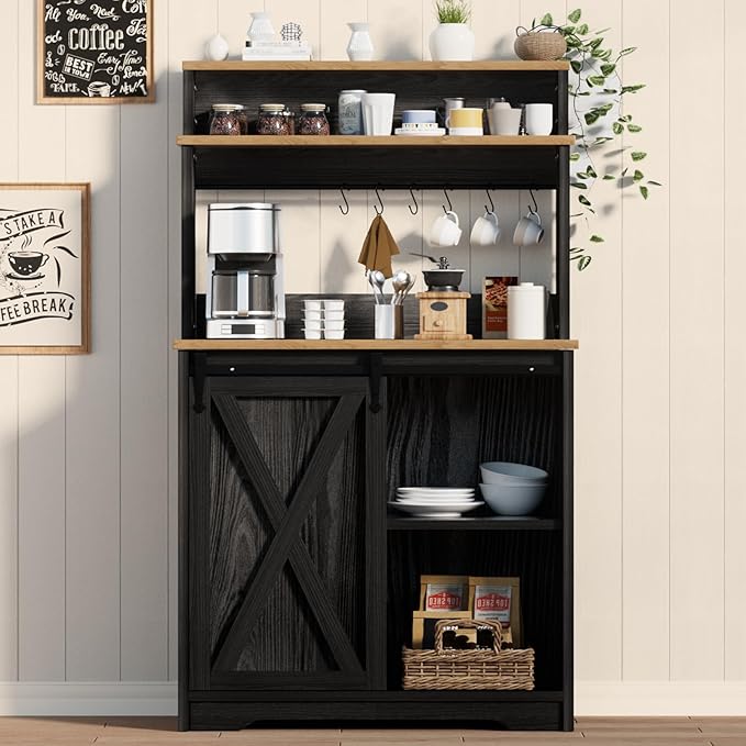 Farmhouse Coffee Bar with 3 Tier Storage Hutch, 56 Inch Small Bar Station with 6 Hooks, Corner Table with Adjustable Shelves for Living Dining Room (Black)