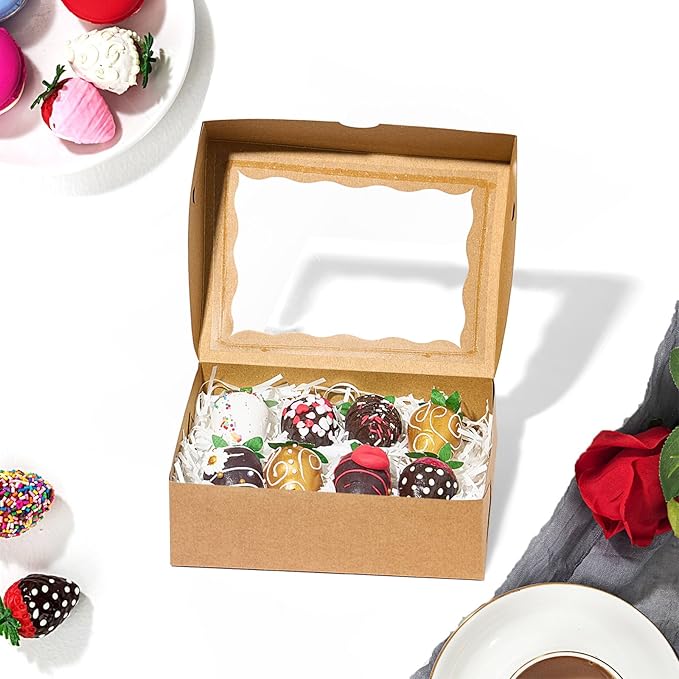 8PCS Brown Bakery Boxes with Window, 8x6x2.5 Inch Gift-Ready Pastry Box for Chocolate Strawberries, Macarons, Donuts, Truffles, Ores, Cookies, Donuts, Perfect for Different Holiday Celebrate