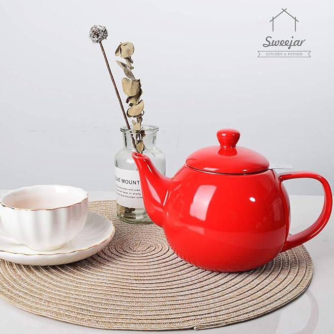 Sweejar Porcelain Teapot with Removable Stainless Steel Infuser,Microwave & Dishwasher Safe Tea Pots for Loose Tea,Tea Infuser Pots for Chrismas Women Gift (30oz Red)