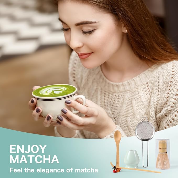 Matcha Whisk Set,MatchaSet with Bamboo Matcha Whisk and Ceramic Holder, Bamboo Scoop+Wooden Spoon,Scoop Holder,Sifter-Complete Matcha Tea Set,6 Pcs Matcha Kit,Tools for Matchas Ceremonial Grade Kit