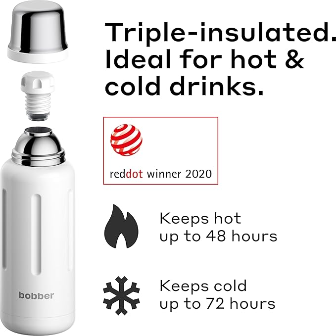 BOBBER 34 oz Stainless Steel Travel Thermos for Hot and Cold Drinks – Dishwasher Safe Metal Water Bottle with Cup Lid – Keeps Hot for 48 Hours – BPA-Free, Vacuum Insulated (White)
