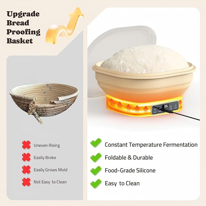 Heating Sourdough Starter Kit, 2L Electric Thermostatic Silicone Square Foldable Banneton Bread Proofing Basket with 6 Timer & Temp Settings for Dough Rising, Dishwasher Safe, Bread Making Kit