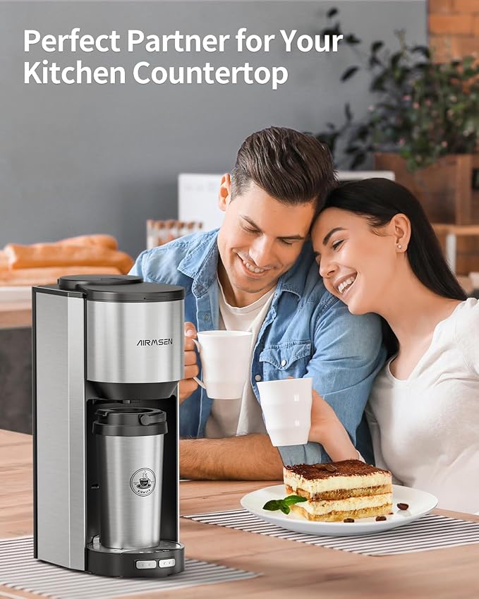 AIRMSEN Single Serve Coffee Maker with Grinder, Grind and Brew All in One - 6-16 Oz Single Cup Coffee Machine with 19 oz Travel Mug - Adjustable Drip Tray, Overheat Protection