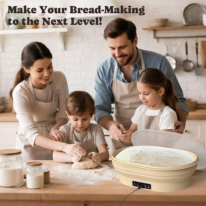 Heating Complete Sourdough Starter Kit, 4L Electric Thermostatic Silicone Oval Foldable Banneton Bread Proofing Basket with 6 Timer & Temp Settings for Dough Rising, Dishwasher Safe, Bread Making Kit