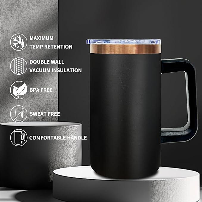 20 oz Insulated Coffee Mug with Lid, 8 Pack Stainless Steel Coffee Tumbler Bulk, Double Wall Vacuum Travel Mug with Handle, Leakproof Powder Coated Coffee Cups for Hot and Cold Drinks (Black,8 pack)