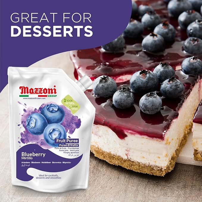 Mazzoni Blueberry Puree, 100% Pure Blueberries, Just Fruit, No Sugar Added, 2.2 lbs (35.2 oz) RMixer for Cocktails, Drinks, Smoothies. Convenient Pouch, Made in Italy