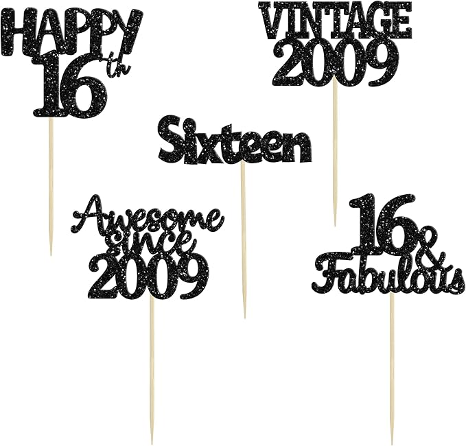 Gyufise 30Pcs Vintage 2009 Cupcake Toppers Glitter Sweet 16 Happy 16th Birthday Cake Decorations for Happy 16th Birthday Fabulous Anniversary Party Supplies Black