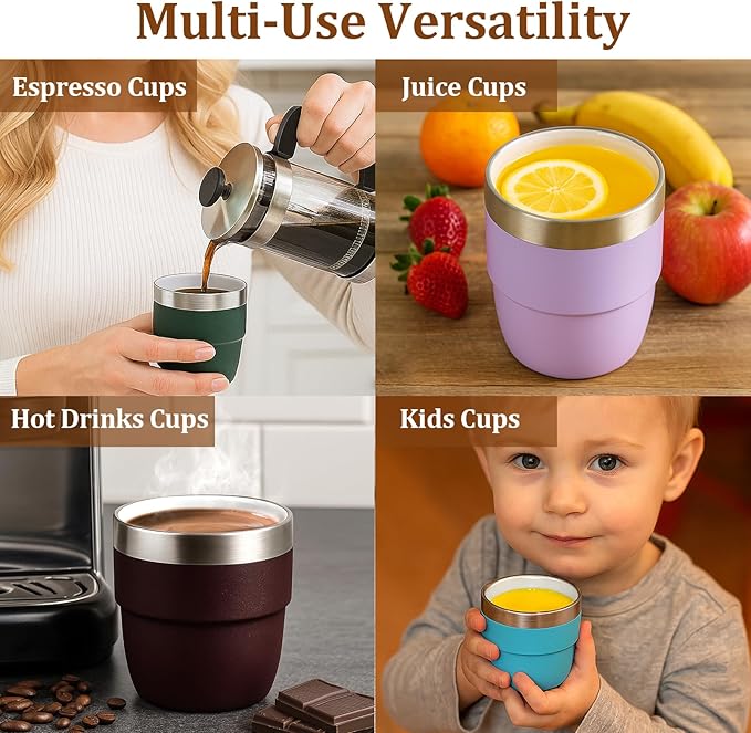 Zenbo 4 oz Espresso/Coffee Cups Set of 2, Ceramic-Lined Double Wall Vacuum Insulated 18/8 Stainless Steel, Stackable & Dishwasher Safe, Space-Saving, Compatible with Most Espresso & Coffee Makers