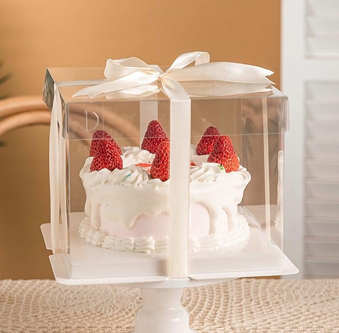 12X12X7inch Clear cake Boxes,Cake Carrier,Disposable Cake Containers, Large Cake box with Ribbon, Ideal for Large 10and 12Inch Cake carry,transparent cake box for birthday Party wedding -White