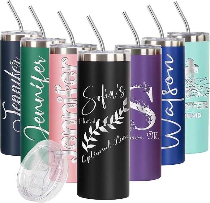Personalized Skinny Tall Tumbler 20oz by iProductsUS - Personalized Laser Engraved Stainless Steel Skinny Tumbler Custom Name and Vacation Mug, Spill Proof Lid, and Straw, 25 Designs (Black)