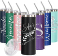 Personalized Skinny Tall Tumbler 20oz by iProductsUS - Personalized Laser Engraved Stainless Steel Skinny Tumbler Custom Name and Vacation Mug, Spill Proof Lid, and Straw, 25 Designs (Black)