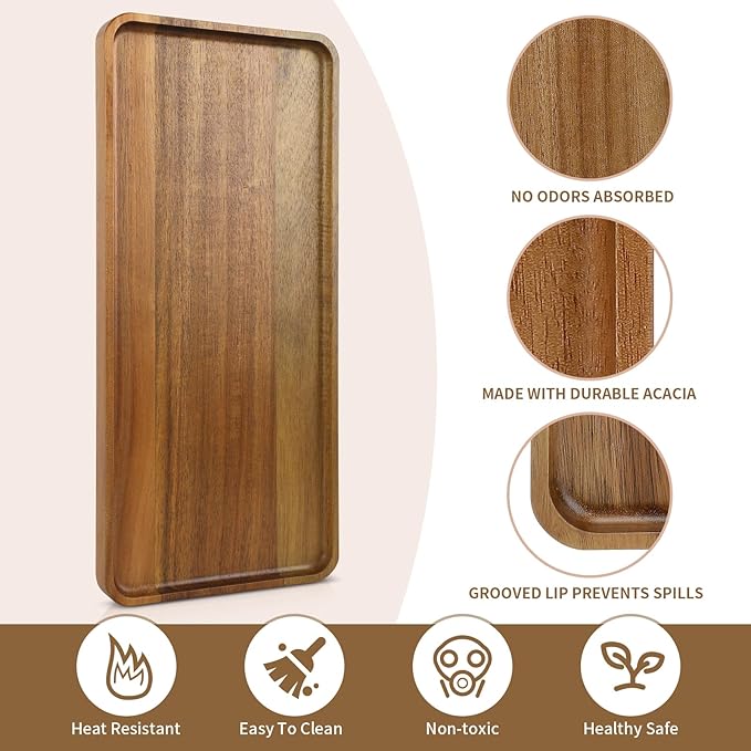 2 pcs 15.7" x 7" Large Solid Acacia Wood Serving Trays Rectangular Wooden Serving Platters Natural Wooden Boards for Bar Coffee Party