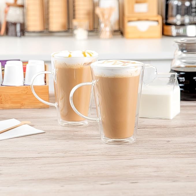 Restaurantware-Forma Professional 13.5 oz Double Wall Glass Mugs, 2 Insulated Coffee Mugs With Handle - Dishwashable, Reusable, Clear Glass Beverage Cups, Freezable, For Hot Or Cold Beverages