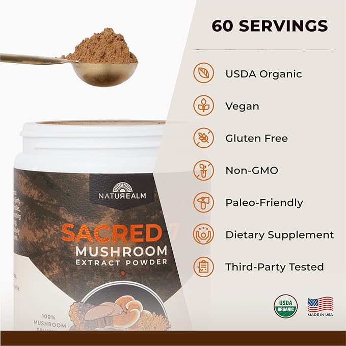 Naturealm Sacred 7 Organic Mushroom Supplement – 100% Fruiting Body Extract Powder with Lions Mane, Reishi, Chaga & More | Nootropic & Immune Support for Coffee, Tea, Smoothies – 60 Servings