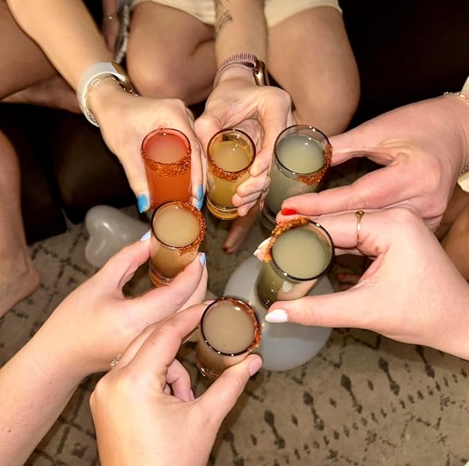 Saludi Colored Shot Glasses, 2oz (Set of 6) Multi-Color Glass with Wood Paddle - Luxury, Durable, Hand-Blown
