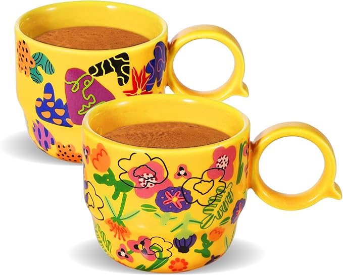 Ceramic Mini Espresso Cups Set of 2 – 3 oz Double Espresso Coffee Cups with Q Handle, Yellolw Floral and fruit Pattern, Small Espresso Shot Cups for Home Coffee Bar,Lungo