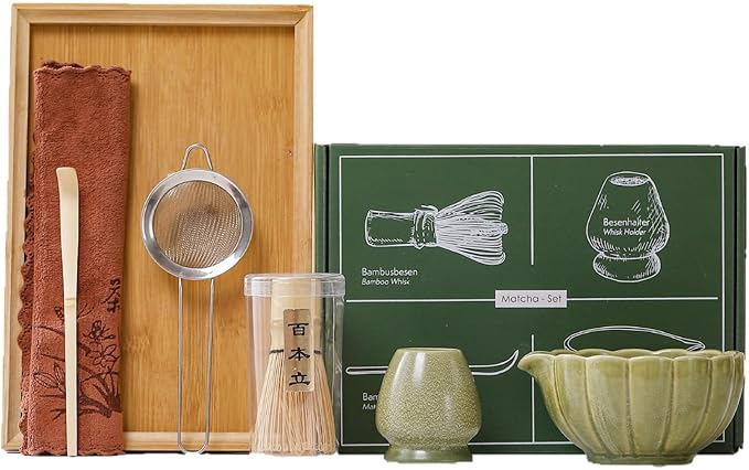 6-Piece Matcha Whisk Set, Japanese Bamboo Chasen, Scoop & Sifter, Traditional Ceremonial Kit with Ceramic Bowl, Whisk Holder Stand, Chakin Cloth (Green bamboo)